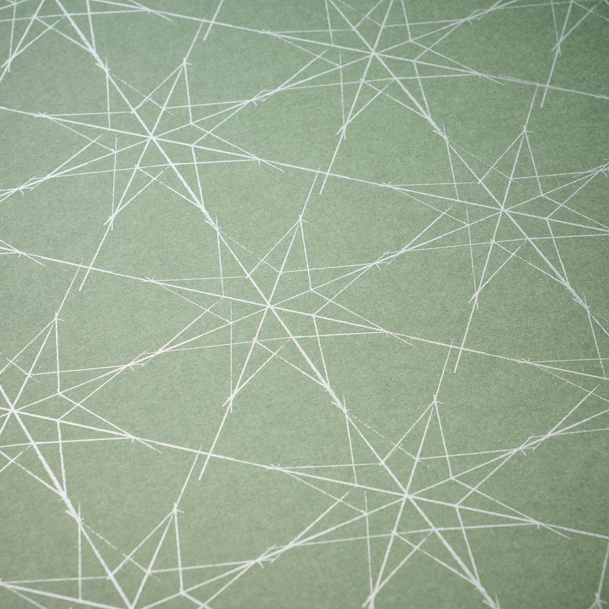 Wrapping paper with a festive pattern of fine white star outlines scattered across a muted sage-green background.
