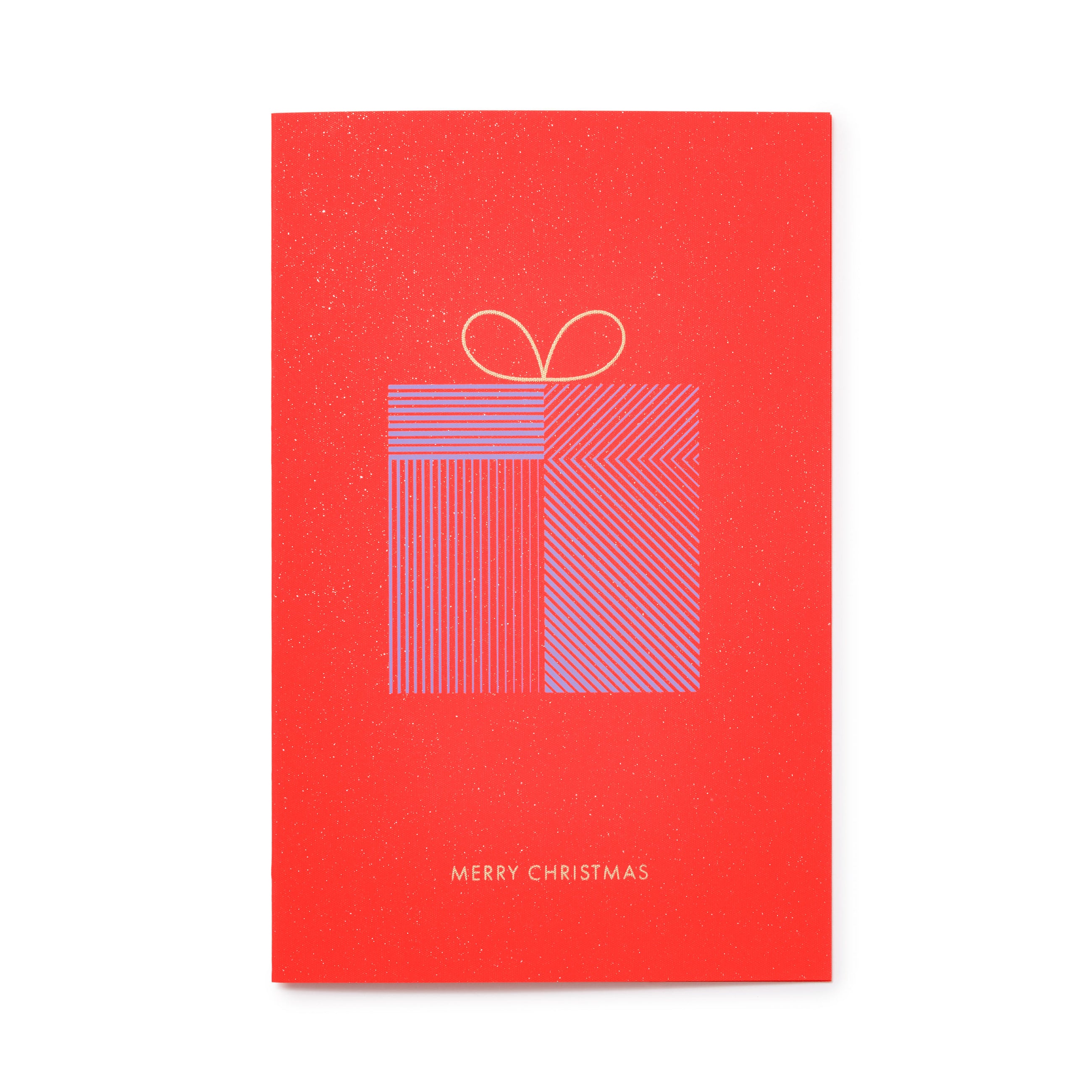 A red Christmas card with a minimalist present design in purple and blue diagonal and vertical stripes, topped with a gold bow outline, and the text "Merry Christmas" in gold at the bottom.