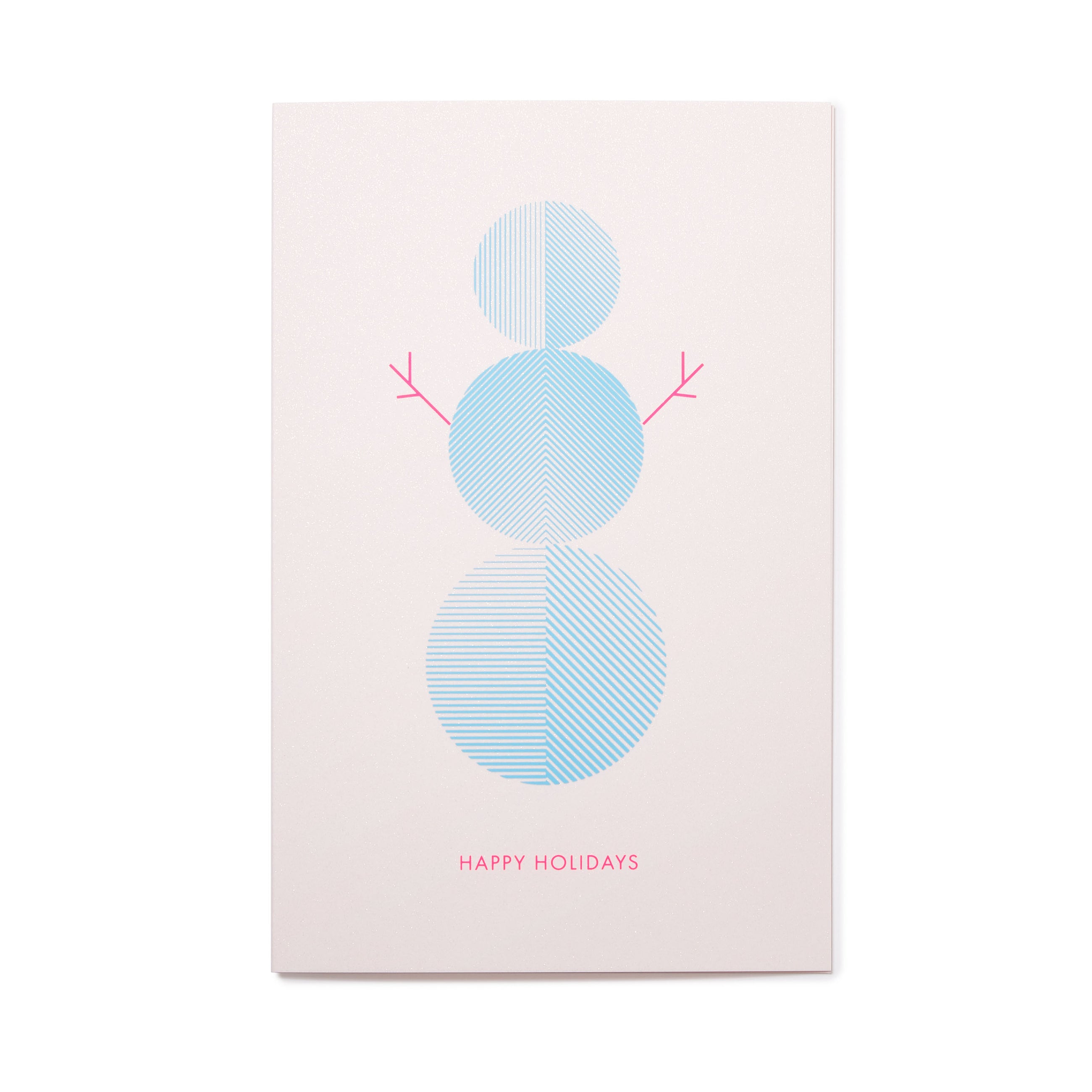 A light pink holiday card with a minimalist blue snowman made of three patterned circles, simple pink stick arms, and the text "HAPPY HOLIDAYS" in pink at the bottom.