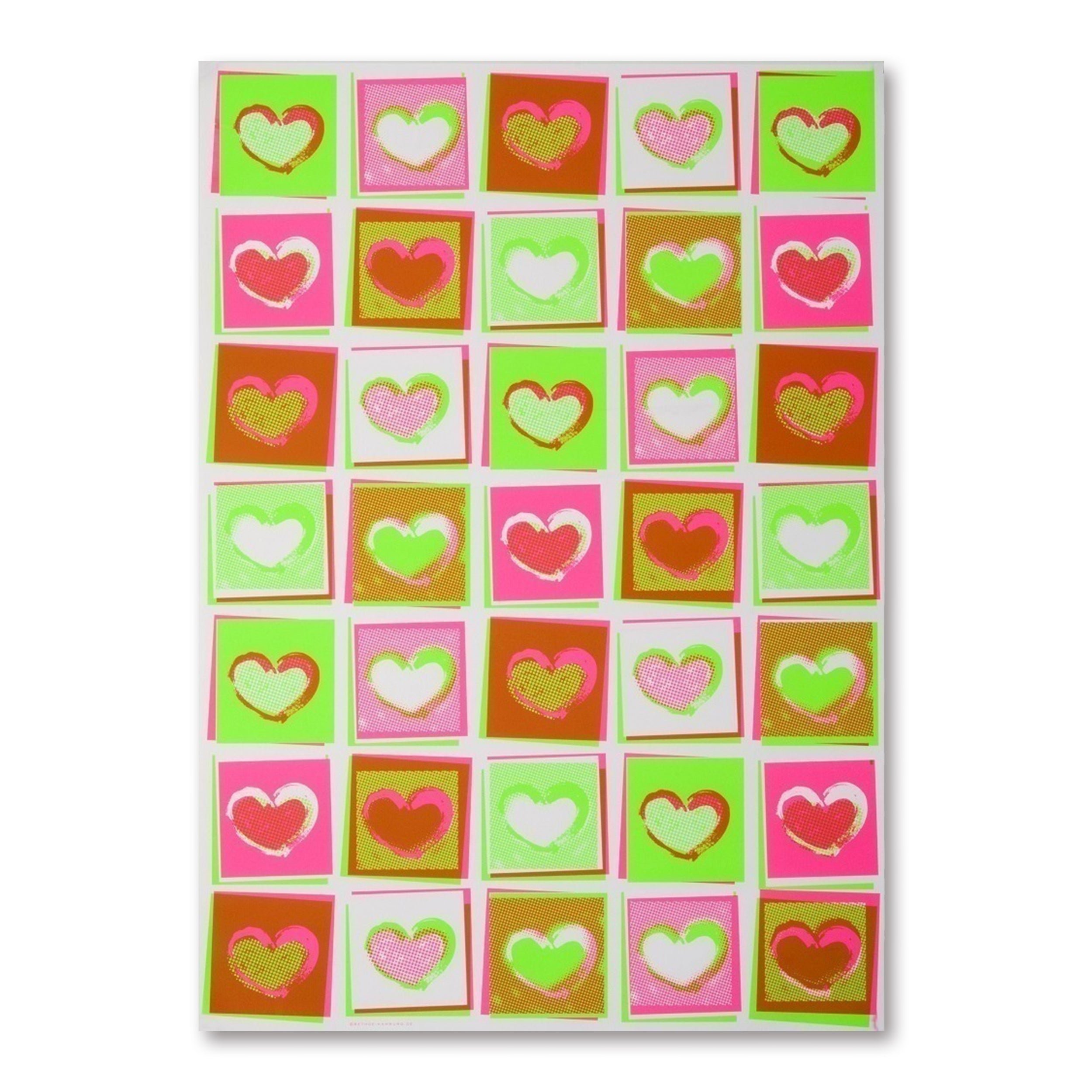 Wrapping paper with a repeating grid of neon-colored heart shapes, each set inside a square, arranged evenly across the sheet in bright pinks, greens, and reds.
