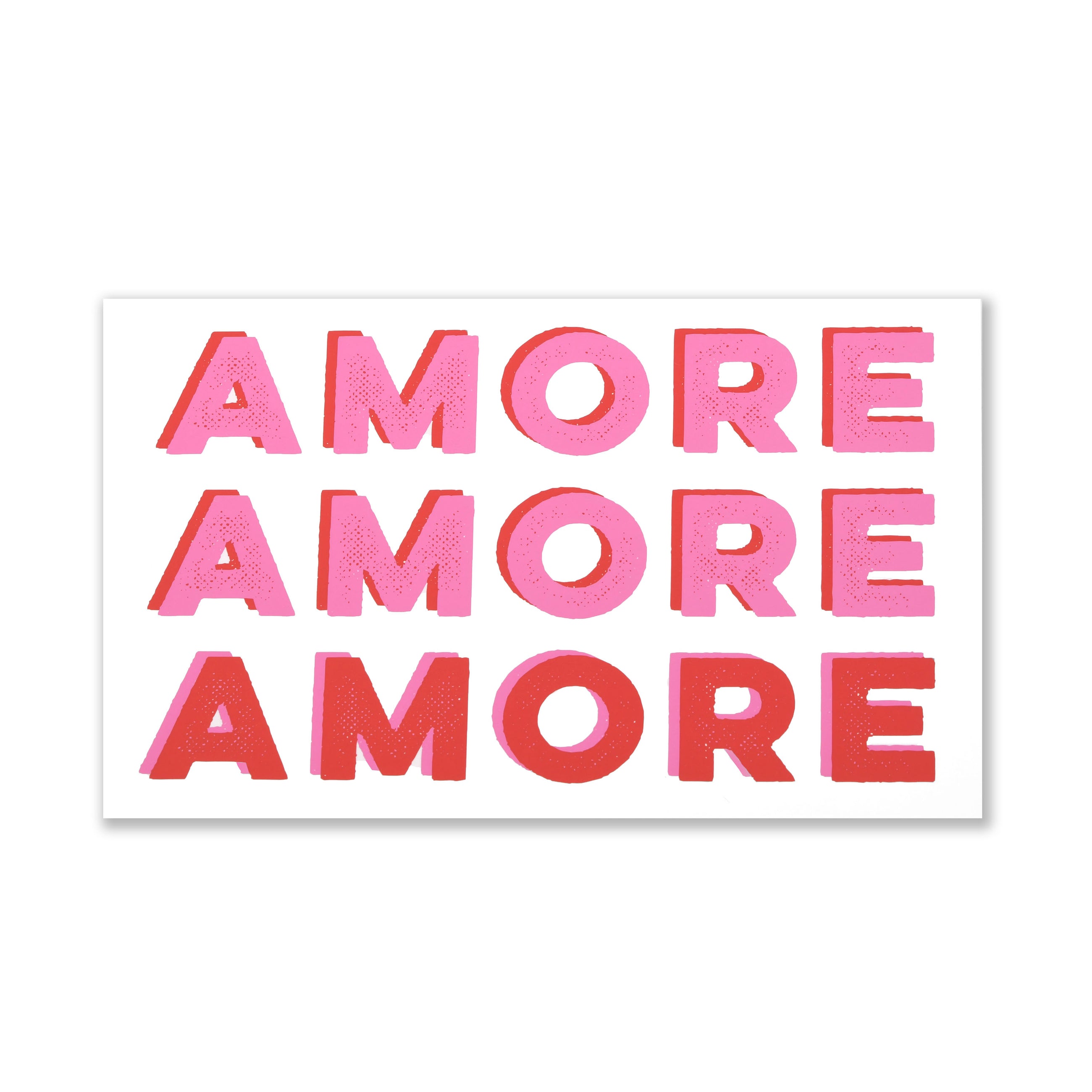 Greeting card with the word “AMORE” repeated three times in bold pink and red block lettering on a clean white background.