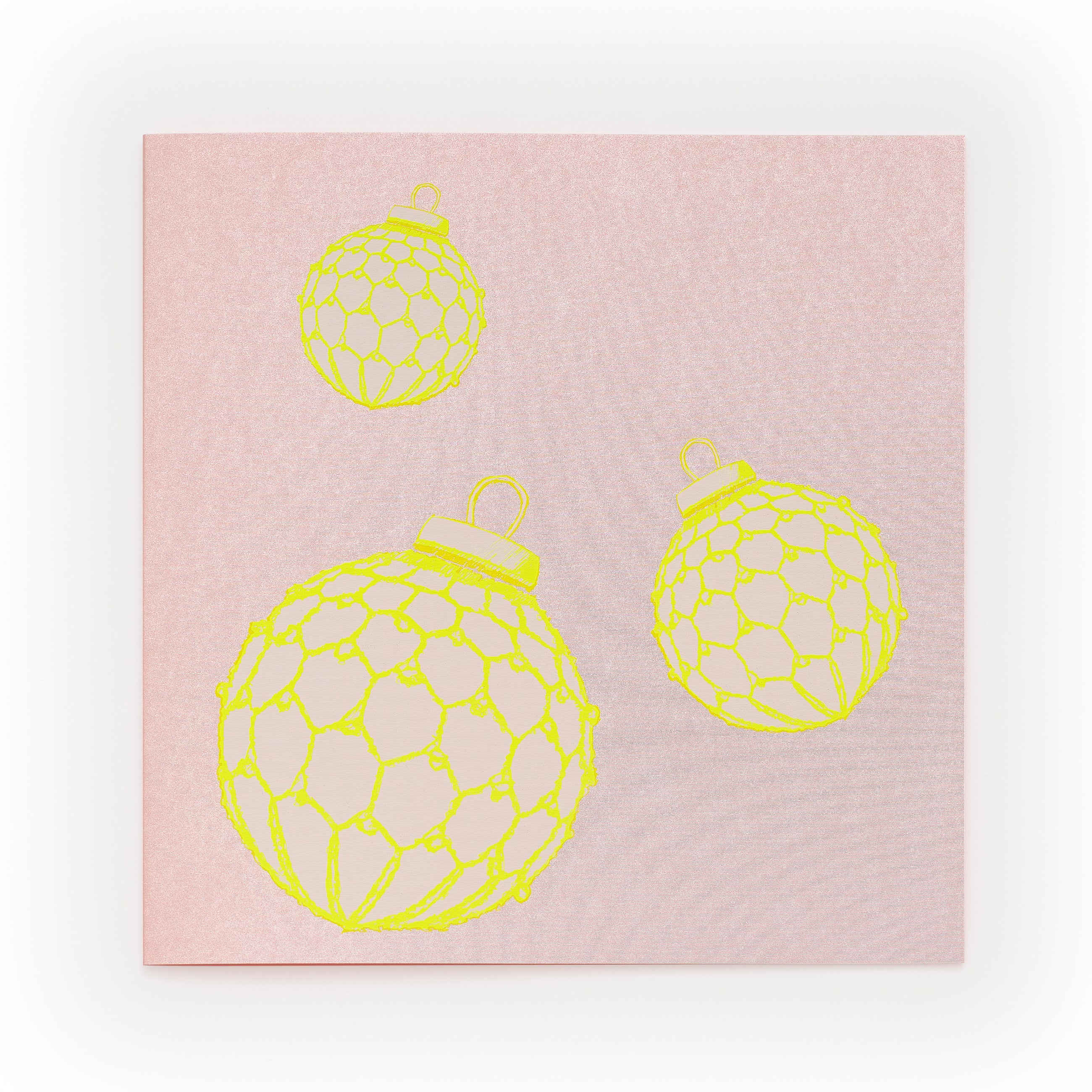 A pastel pink card featuring neon yellow baubles for a fresh and playful holiday design.