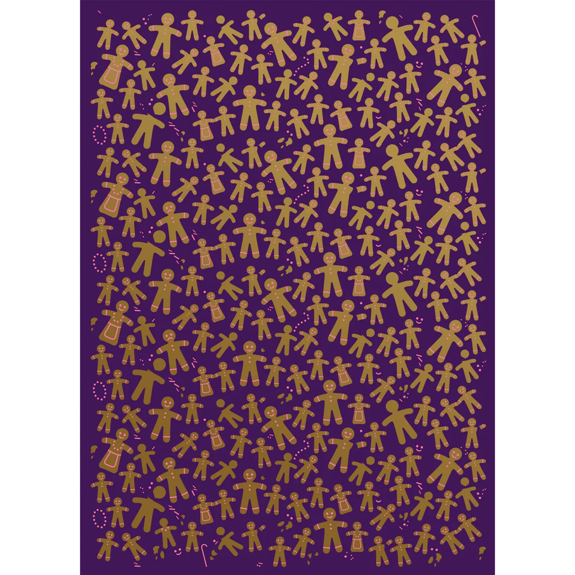 Wrapping paper with a festive pattern of golden gingerbread men and women scattered across a deep purple background.