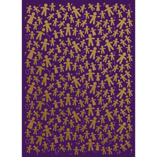 Wrapping paper with a festive pattern of golden gingerbread men and women scattered across a deep purple background.