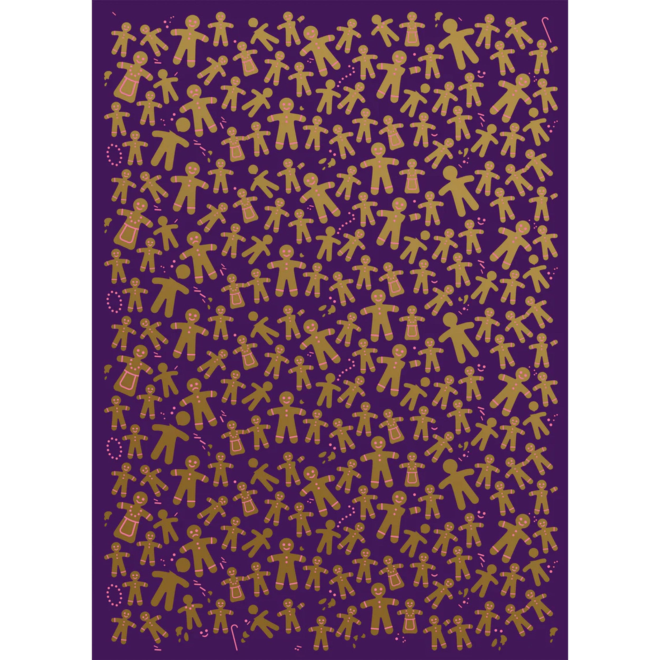 Wrapping paper with a festive pattern of golden gingerbread men and women scattered across a deep purple background.
