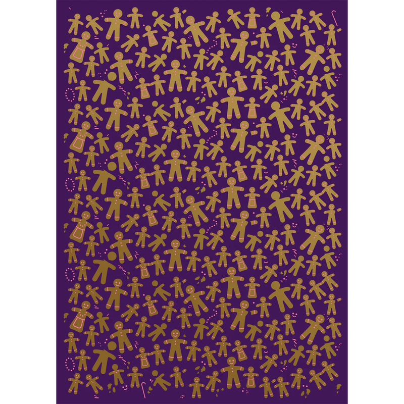 Wrapping paper with a festive pattern of golden gingerbread men and women scattered across a deep purple background.