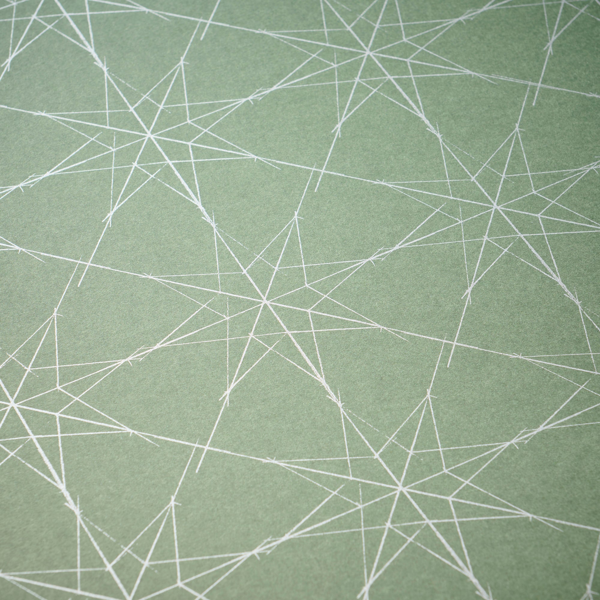 Wrapping paper with a festive pattern of fine white star outlines scattered across a muted sage-green background.