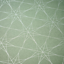 Wrapping paper with a festive pattern of fine white star outlines scattered across a muted sage-green background.