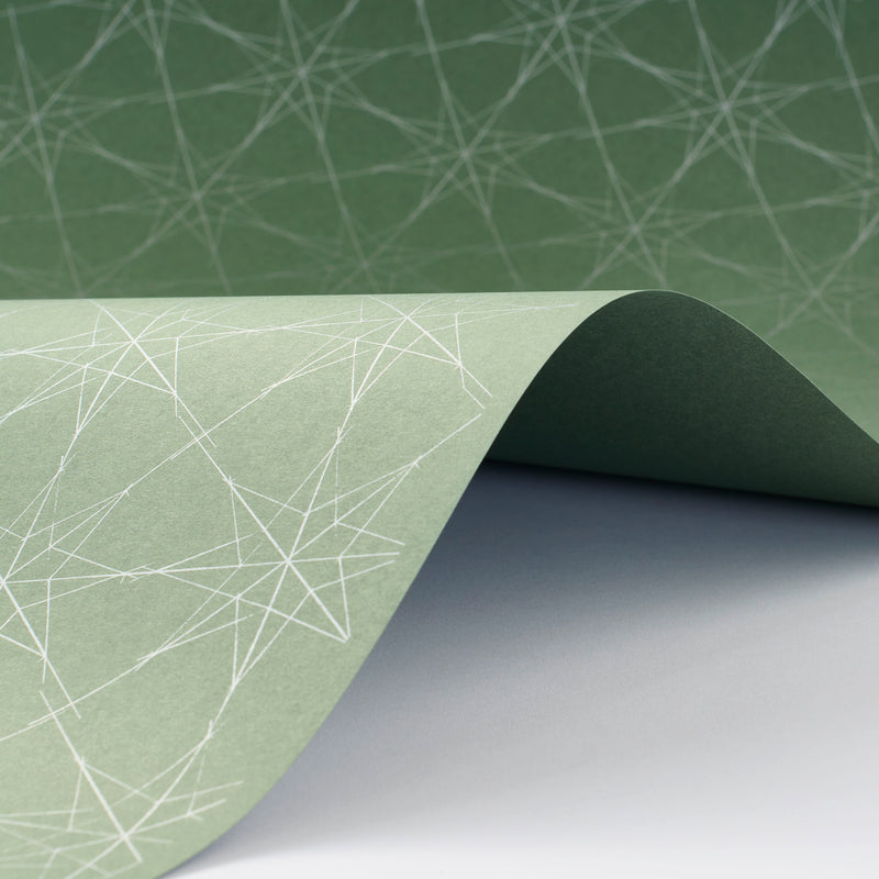 A curled sheet of wrapping paper featuring a festive pattern of delicate white star outlines on a soft sage-green background.