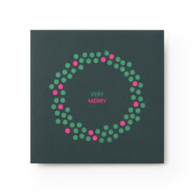 A dark green Christmas card with a minimalist wreath design made of green and pink dots, surrounding the text "VERY MERRY" in pink and white at the center.