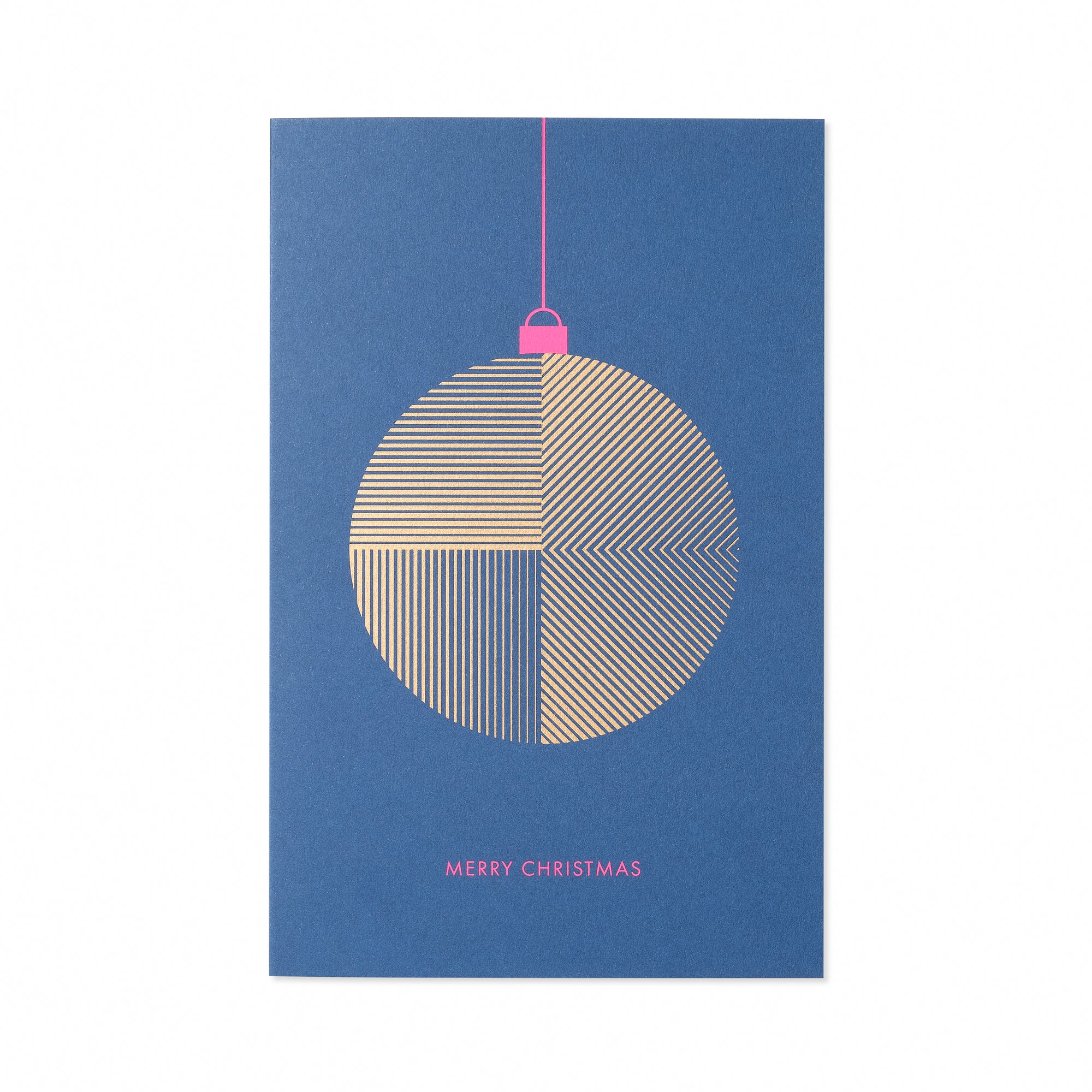 A dark blue Christmas card with a minimalist gold ornament design featuring fine geometric lines, a pink string and hook, and the text "MERRY CHRISTMAS" in pink at the bottom.