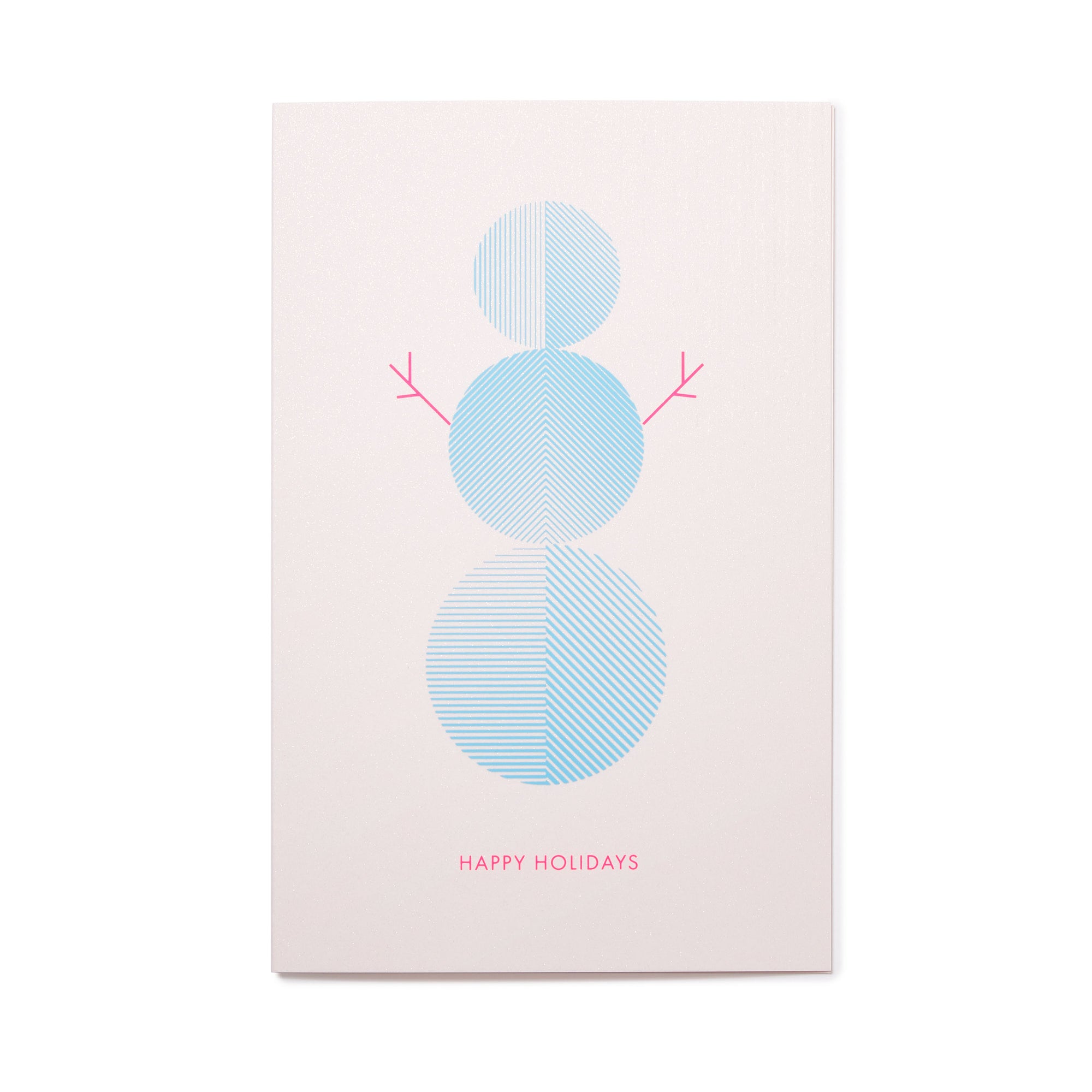 A light pink holiday card with a minimalist blue snowman made of three patterned circles, simple pink stick arms, and the text "HAPPY HOLIDAYS" in pink at the bottom.