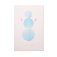 A light pink holiday card with a minimalist blue snowman made of three patterned circles, simple pink stick arms, and the text "HAPPY HOLIDAYS" in pink at the bottom.