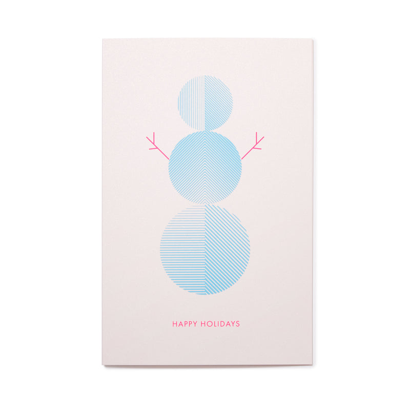 A light pink holiday card with a minimalist blue snowman made of three patterned circles, simple pink stick arms, and the text "HAPPY HOLIDAYS" in pink at the bottom.