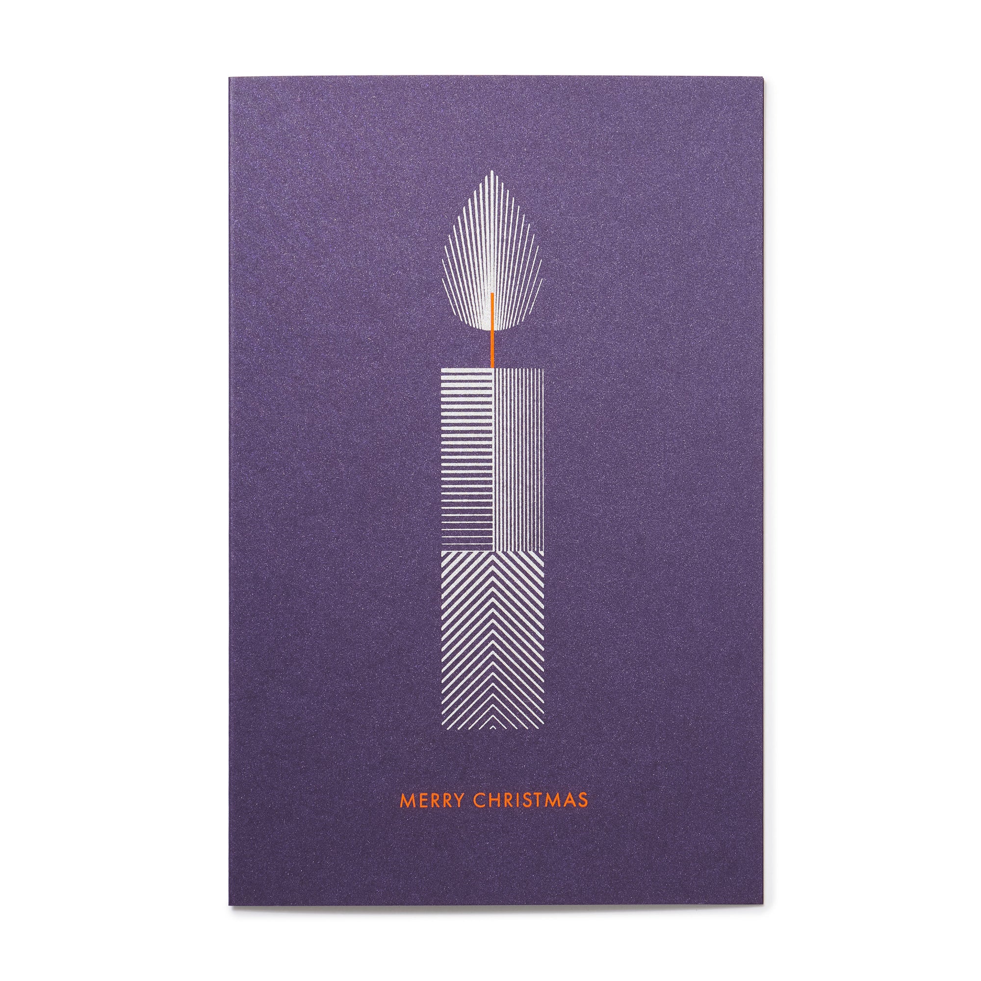 A purple Christmas card with a minimalist white candle design featuring geometric line patterns, an orange flame, and the text "MERRY CHRISTMAS" in orange at the bottom.