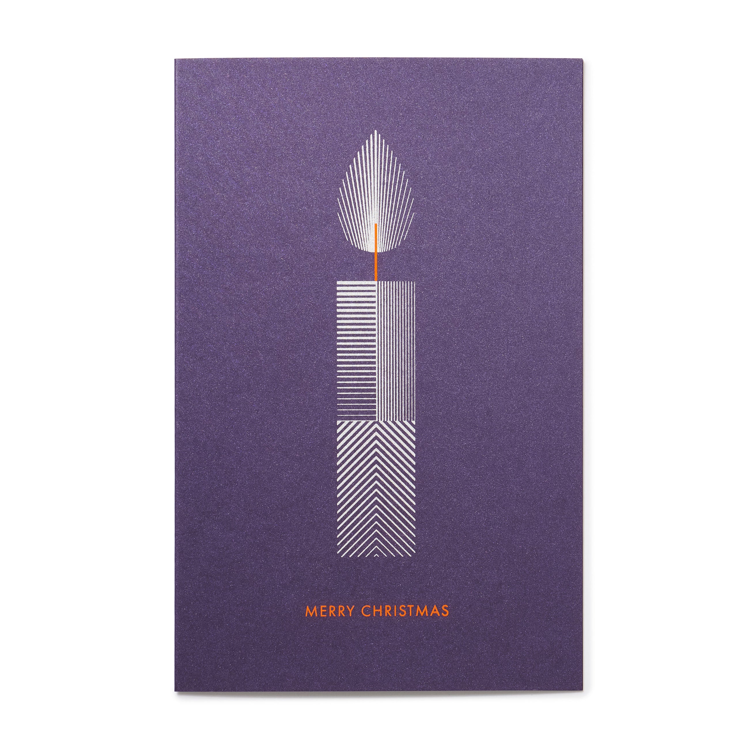 A purple Christmas card with a minimalist white candle design featuring geometric line patterns, an orange flame, and the text "MERRY CHRISTMAS" in orange at the bottom.