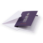 A purple Christmas card with a minimalist white candle design featuring geometric line patterns and an orange flame, the text "MERRY CHRISTMAS" in orange at the bottom, shown with a plain white envelope.