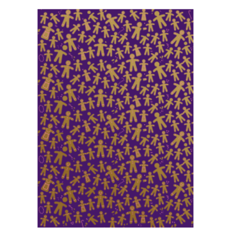 Wrapping paper with a festive pattern of golden gingerbread men and women scattered across a deep purple background.