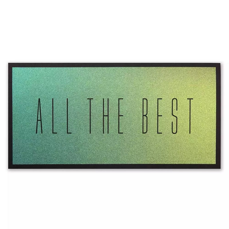 A long rectangular greeting card with a soft gradient background shifting from teal to yellow, framed in black, with “ALL THE BEST” printed in tall, minimal black lettering.