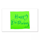 A white greeting card with a bold neon green block in the center, displaying “Happy Birthday” in expressive blue handwritten lettering.