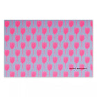 A rectangular greeting card with a lilac background, covered in a repeating pattern of bright pink tulip silhouettes, with “HAPPY BIRTHDAY” printed in small text in the corner.