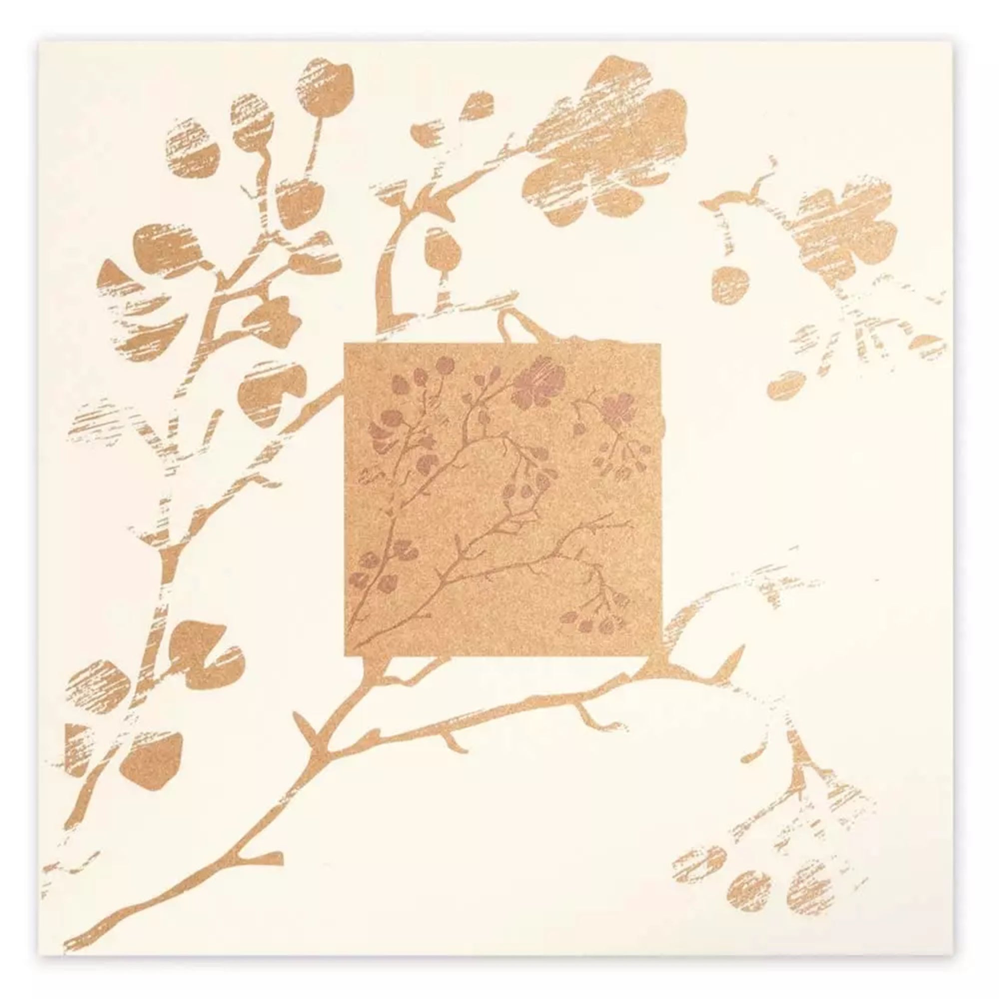 A refined greeting card with a soft cream background, adorned with delicate, metallic gold botanical prints of branches, leaves, and cherry blossoms arranged around a central square motif.