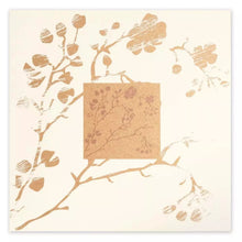 A refined greeting card with a soft cream background, adorned with delicate, metallic gold botanical prints of branches, leaves, and cherry blossoms arranged around a central square motif.