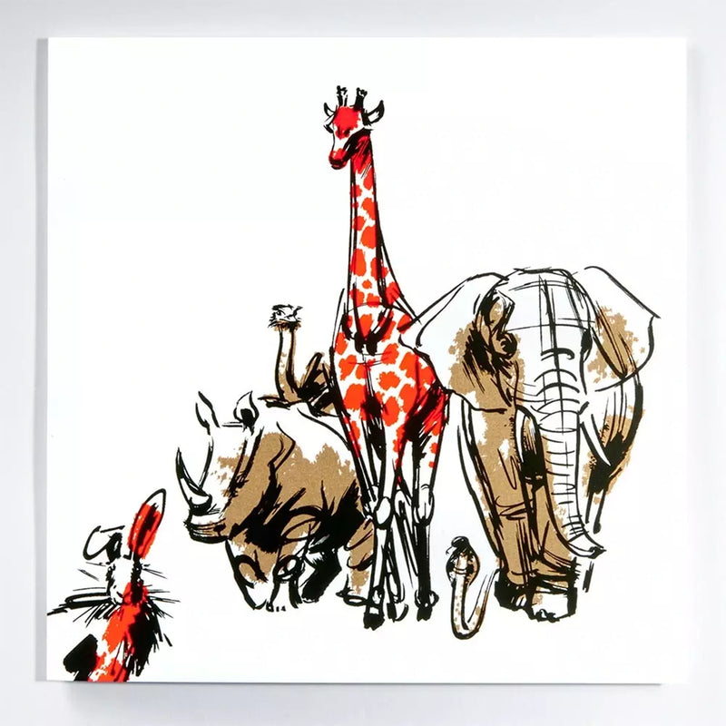 A playful illustrated greeting card featuring a group of animals- including a giraffe, elephant, rhino, snake, rabbit, and ostrich- drawn in loose black lines with warm brown tones and bold red accents.