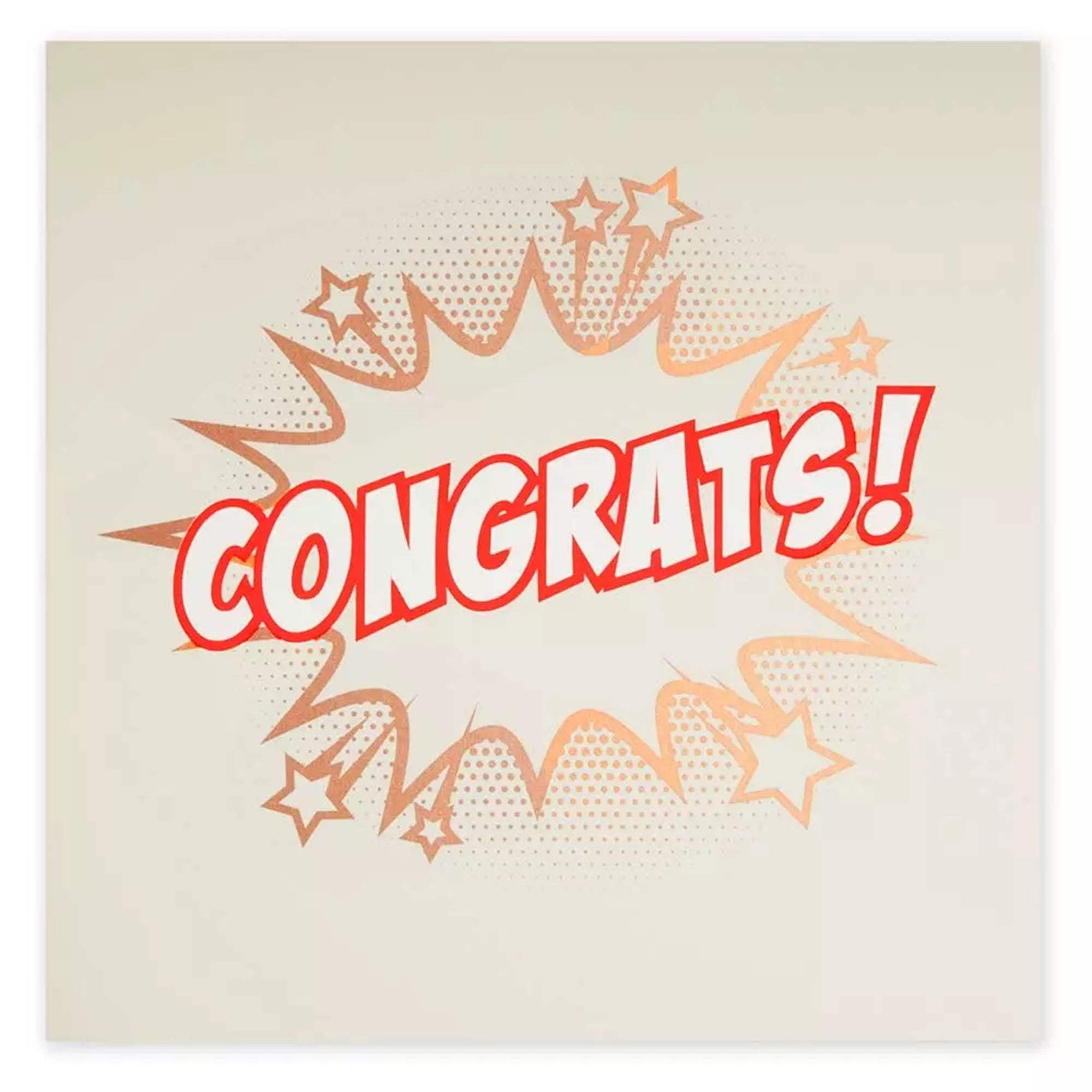 A light beige greeting card featuring a bold comic-style “CONGRATS!” in bright red lettering, surrounded by a playful burst of stars and dotted graphic elements in soft orange tones.