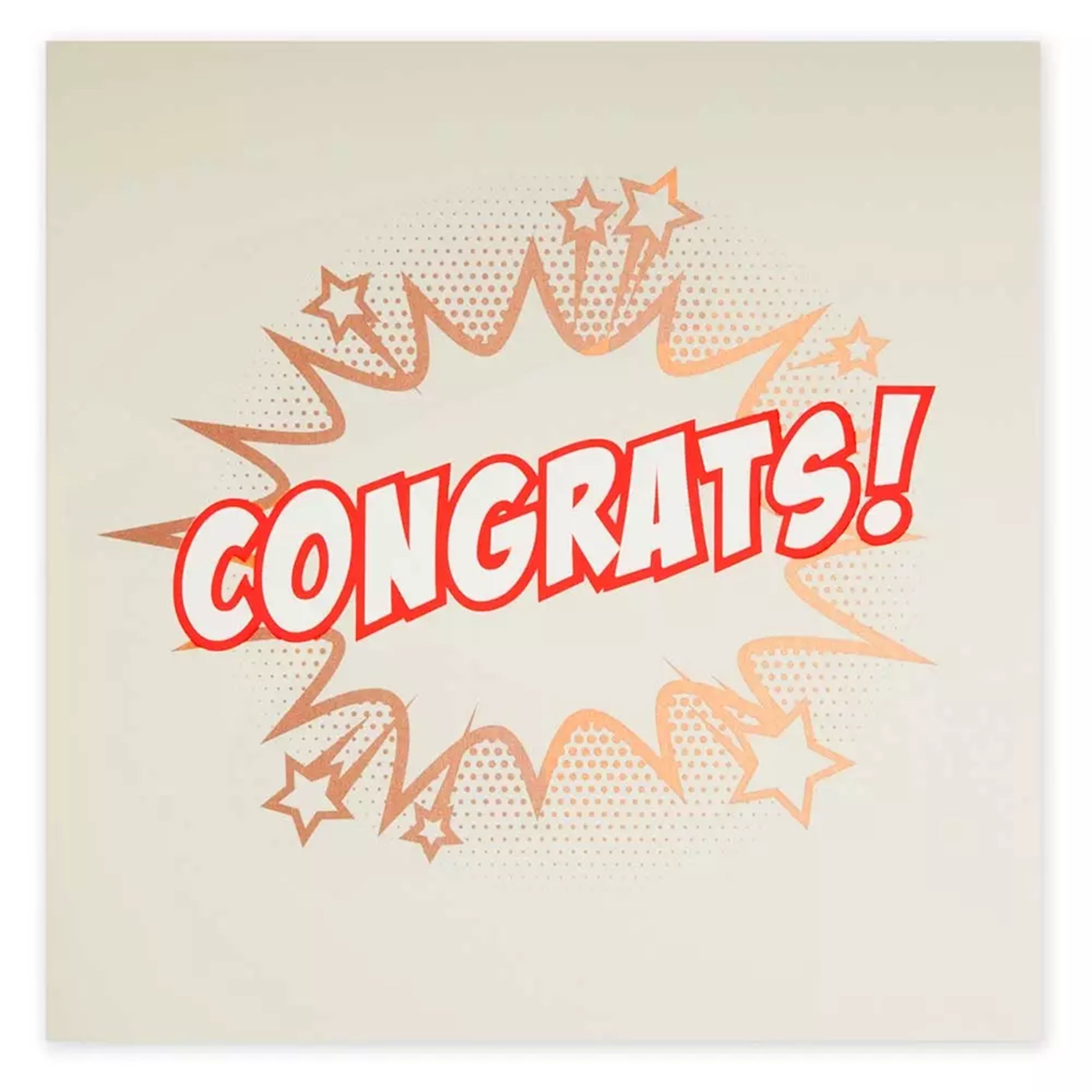 A light beige greeting card featuring a bold comic-style “CONGRATS!” in bright red lettering, surrounded by a playful burst of stars and dotted graphic elements in soft orange tones.