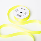 A spool of satin ribbon in neon yellow, partially unrolled, with a white label on top reading “BETHGE” and product details including width, length, and material.