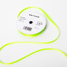 A spool of satin ribbon in neon green, narrow in width, partially unrolled, with a white label on top reading “BETHGE” and product details including width, length, and material.