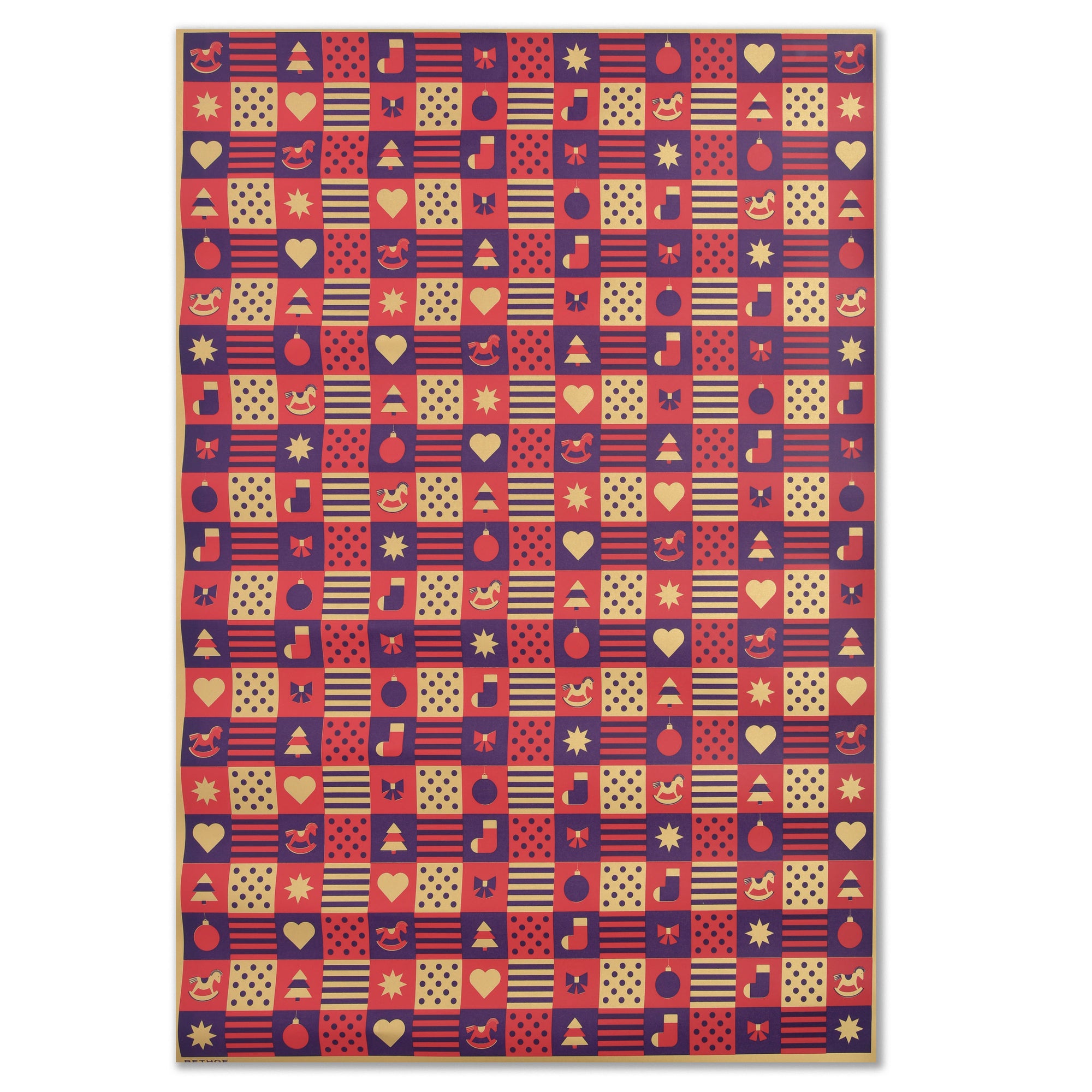 Purple wrapping paper with a checkerboard grid design in gold, red, and dark purple, featuring alternating festive icons such as hearts, stars, ornaments, music notes, stripes, and polka dots.
