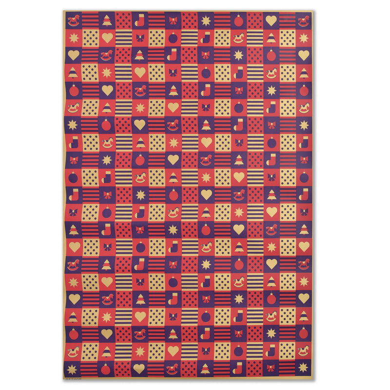 Purple wrapping paper with a checkerboard grid design in gold, red, and dark purple, featuring alternating festive icons such as hearts, stars, ornaments, music notes, stripes, and polka dots.