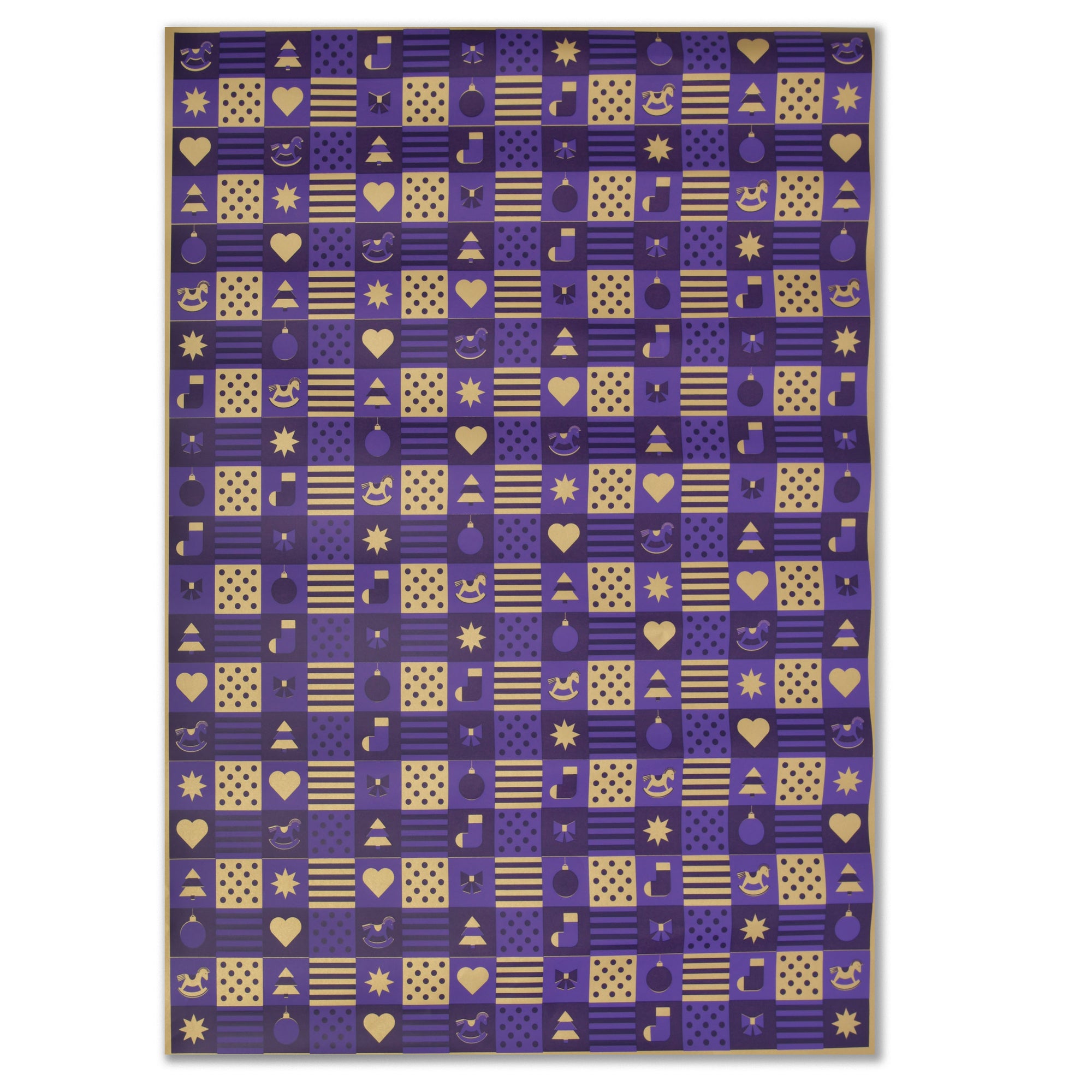 Purple wrapping paper with a checkerboard grid design in gold and dark purple, featuring alternating festive icons such as hearts, stars, ornaments, music notes, stripes, and polka dots.