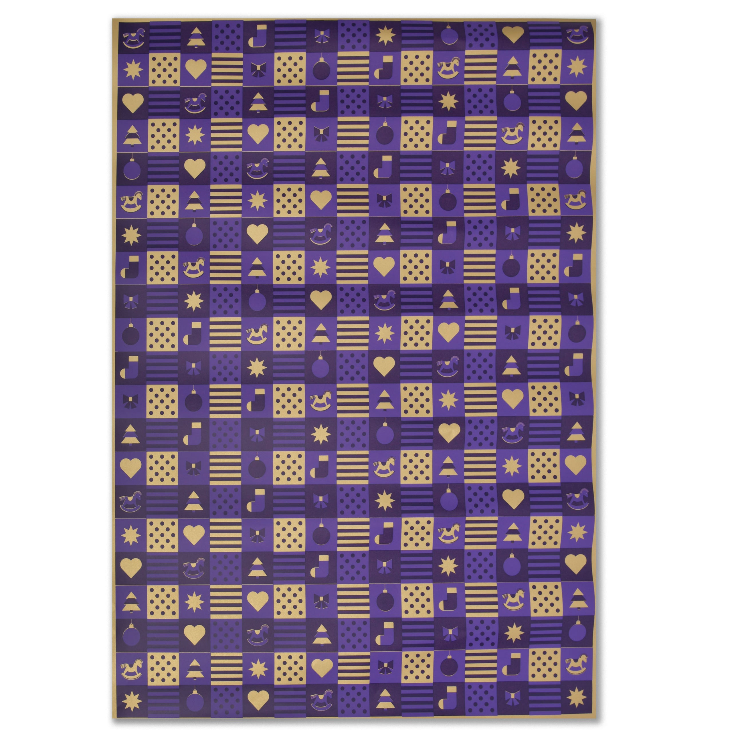 Purple wrapping paper with a checkerboard grid design in gold and dark purple, featuring alternating festive icons such as hearts, stars, ornaments, music notes, stripes, and polka dots.
