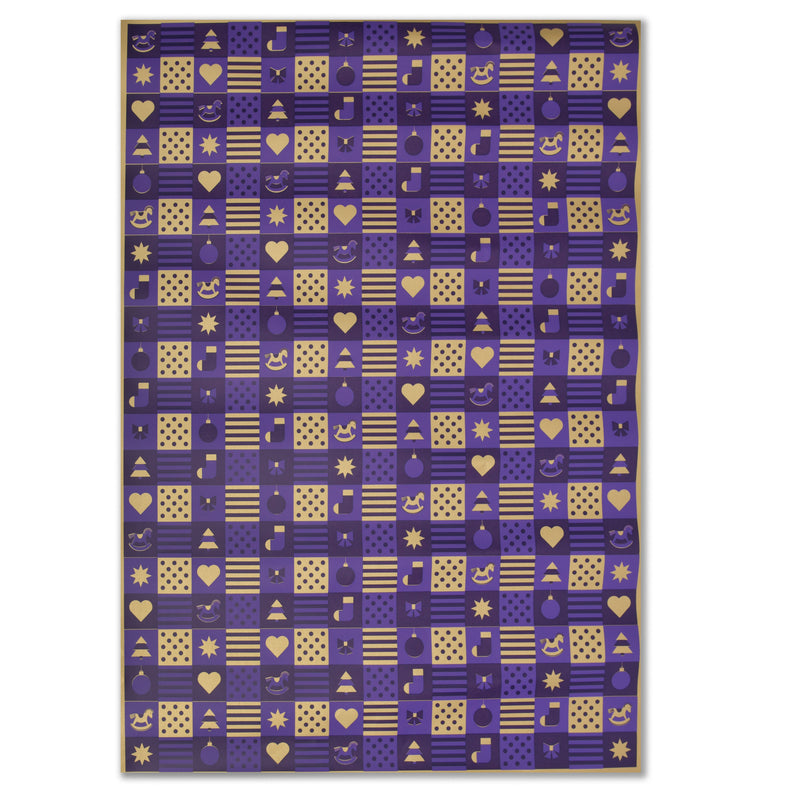 Purple wrapping paper with a checkerboard grid design in gold and dark purple, featuring alternating festive icons such as hearts, stars, ornaments, music notes, stripes, and polka dots.