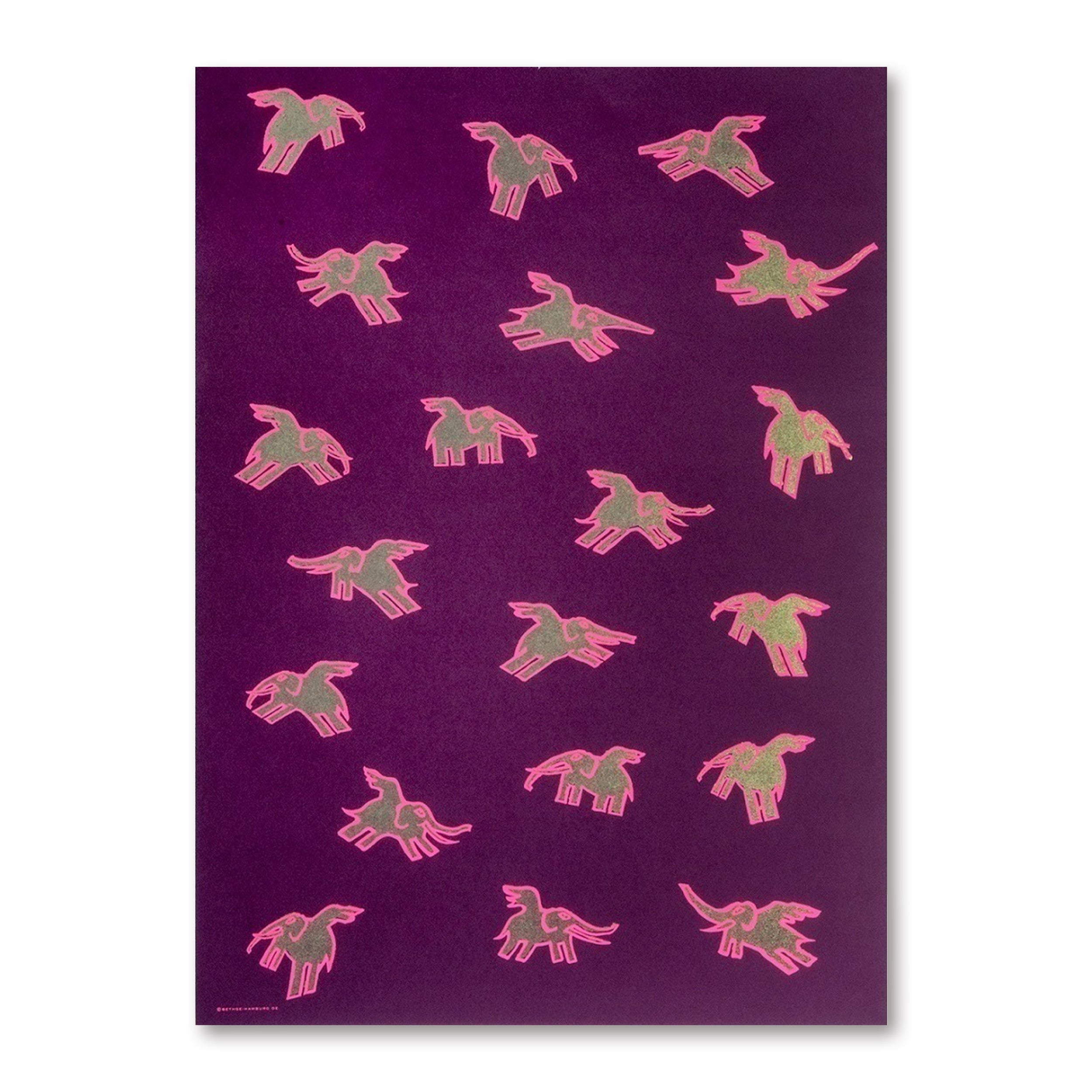 Wrapping paper with small flying elephant illustrations repeated across a deep purple background, each elephant outlined in bright pink with gold details.
