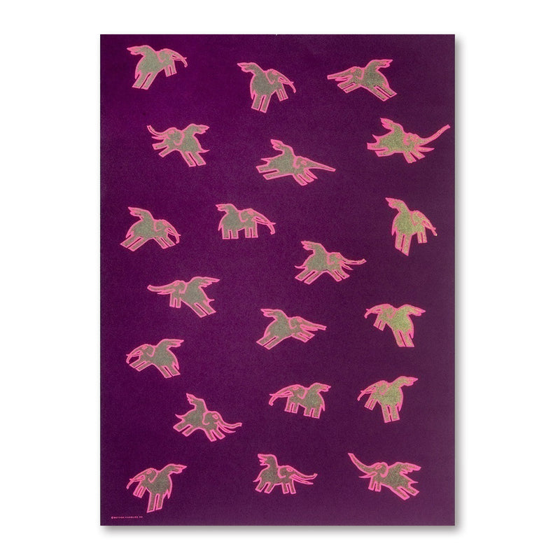 Wrapping paper with small flying elephant illustrations repeated across a deep purple background, each elephant outlined in bright pink with gold details.