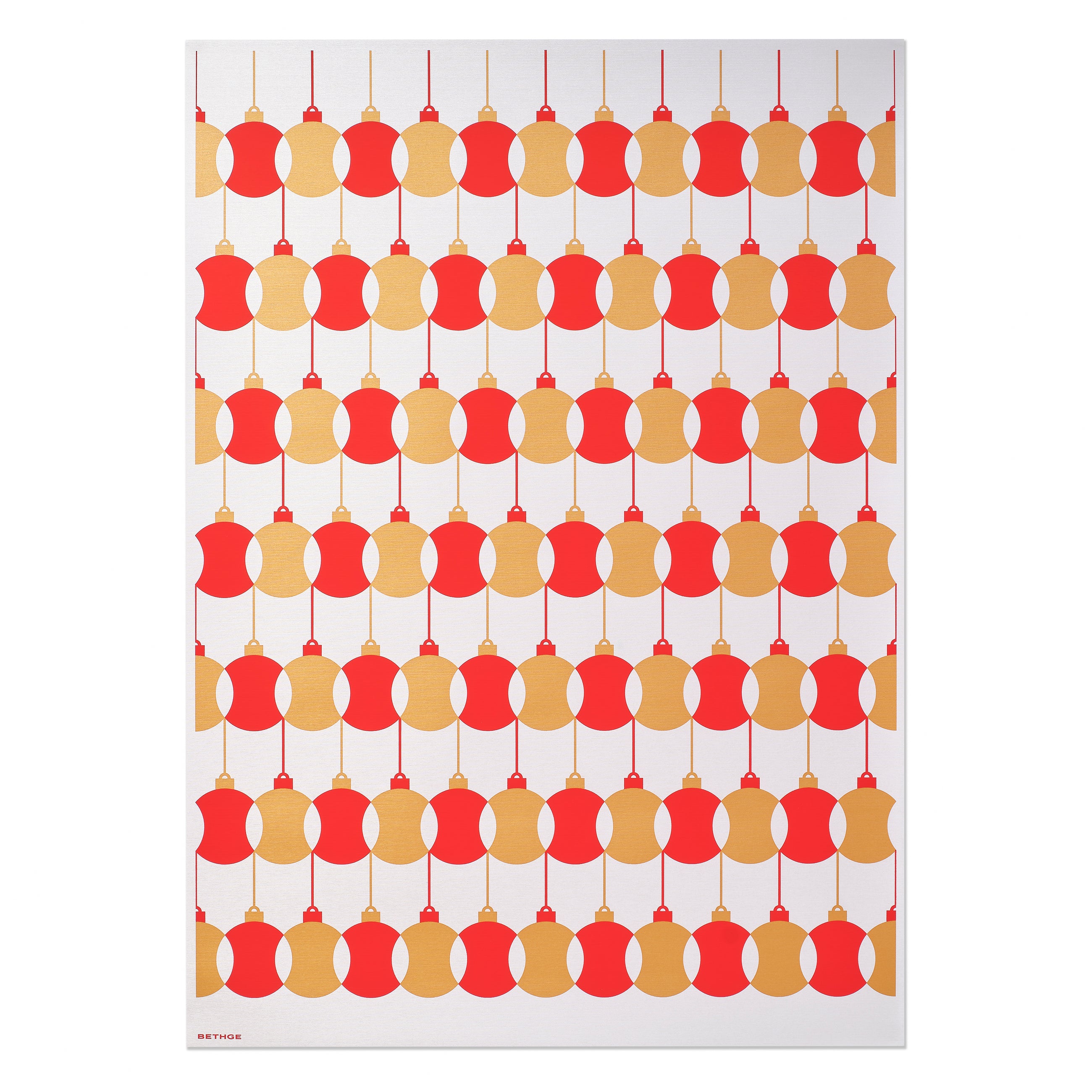 ChatGPT said:

A silver wrapping paper patterned with alternating rows of red and gold Christmas ornaments hanging from strings, creating a bold and festive design.