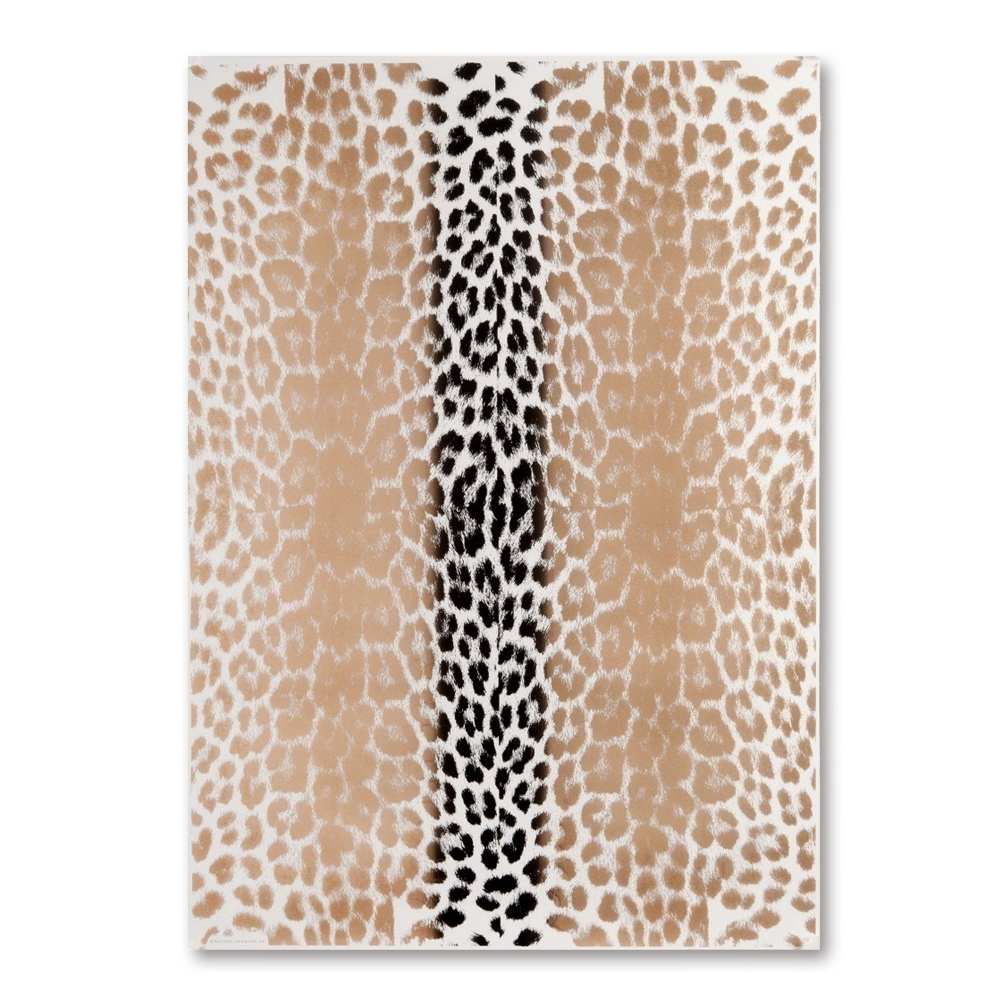 A decorative wrapping paper design featuring a leopard-inspired pattern in warm gold/beige tones, with a bold vertical stripe of black running down the center.