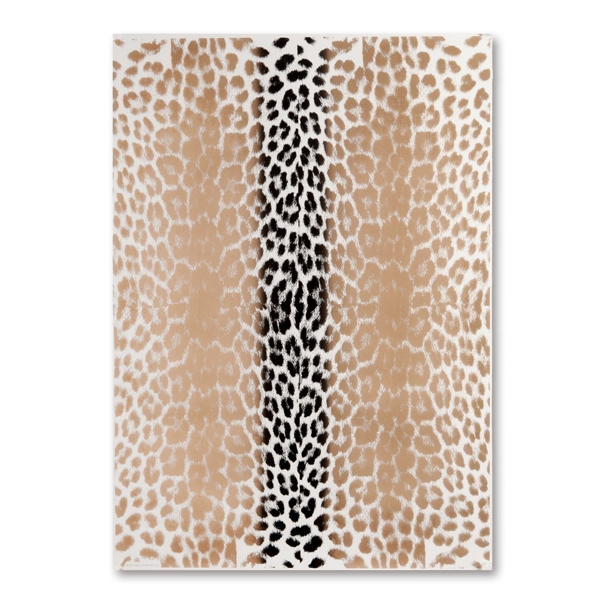A decorative wrapping paper design featuring a leopard-inspired pattern in warm gold/beige tones, with a bold vertical stripe of black running down the center.