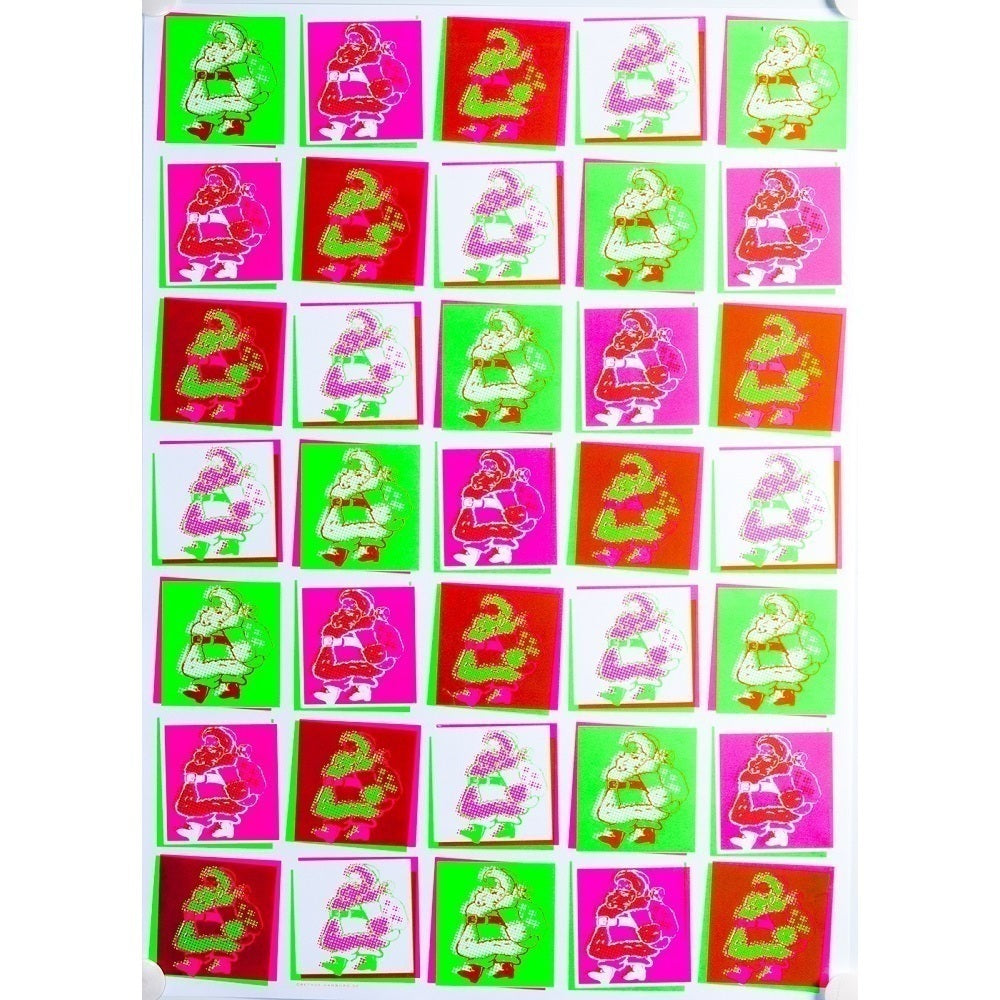 ChatGPT said:

Wrapping paper with a grid of neon-colored squares in pink, green, red, and white, each featuring a pop-art style Santa Claus illustration carrying a sack of gifts.