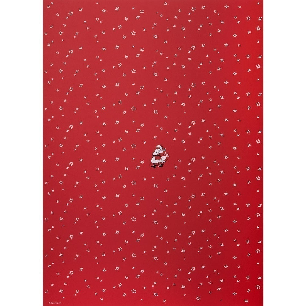 A red wrapping paper decorated with small white stars scattered across the surface and a single illustration of Santa Claus holding a sack of gifts in the center.