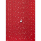 A red wrapping paper decorated with small white stars scattered across the surface and a single illustration of Santa Claus holding a sack of gifts in the center.