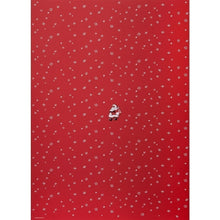 A red wrapping paper decorated with small white stars scattered across the surface and a single illustration of Santa Claus holding a sack of gifts in the center.