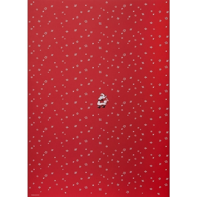 A red wrapping paper decorated with small white stars scattered across the surface and a single illustration of Santa Claus holding a sack of gifts in the center.