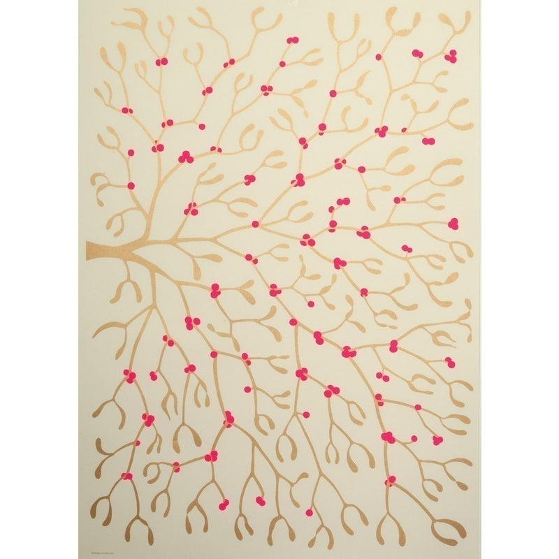 Ivory wrapping paper decorated with a branching mistletoe design in gold and accented with bright pink berries.