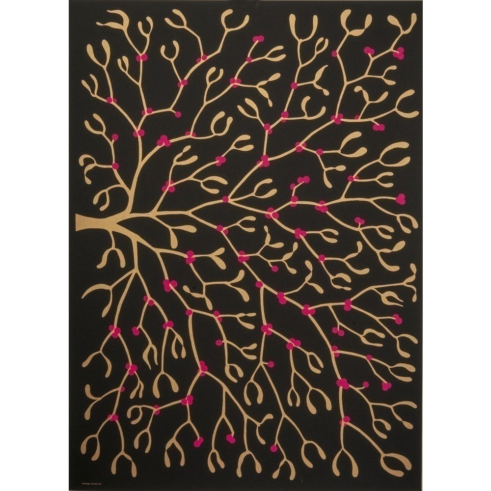 Black wrapping paper decorated with a branching mistletoe design in gold and accented with bright pink berries.