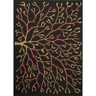 Black wrapping paper decorated with a branching mistletoe design in gold and accented with bright pink berries.